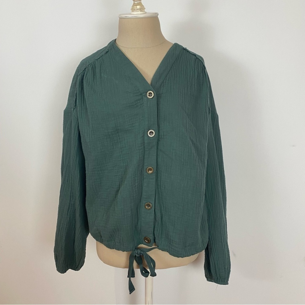 Listicle Womens Button Up Shirt Green 100% Cotton Front Tie M